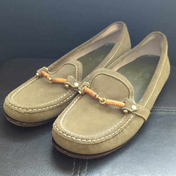 Vintage Cole Haan Luxury Olive Suede Leather Horse Bit Wooden Accent Loafers - Picture 1 of 7